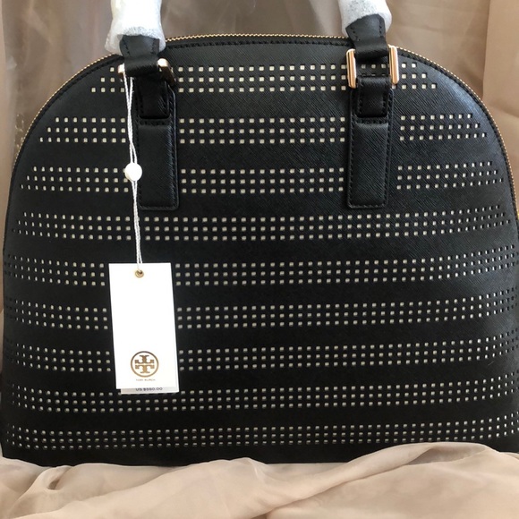 New Tory Burch Robinson perforated satchel bag black purse white $550 - Picture 3 of 6